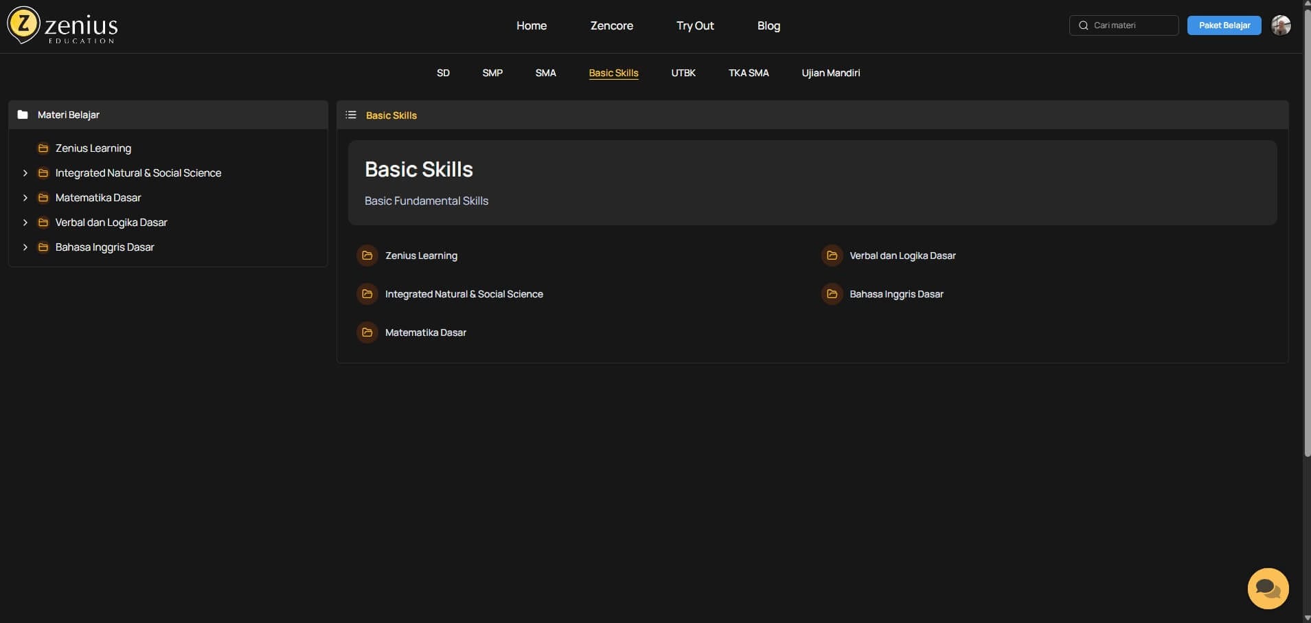 tampilan website untuk materi belajar Fundamental skills untuk umum di zenius