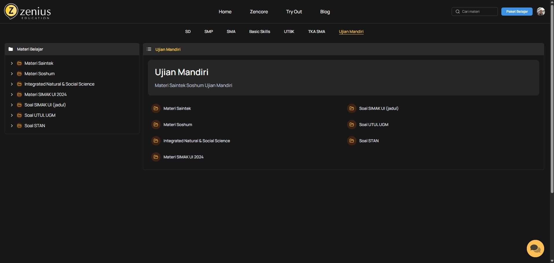 tampilan website untuk materi belajar Ujian Mandiri di zenius