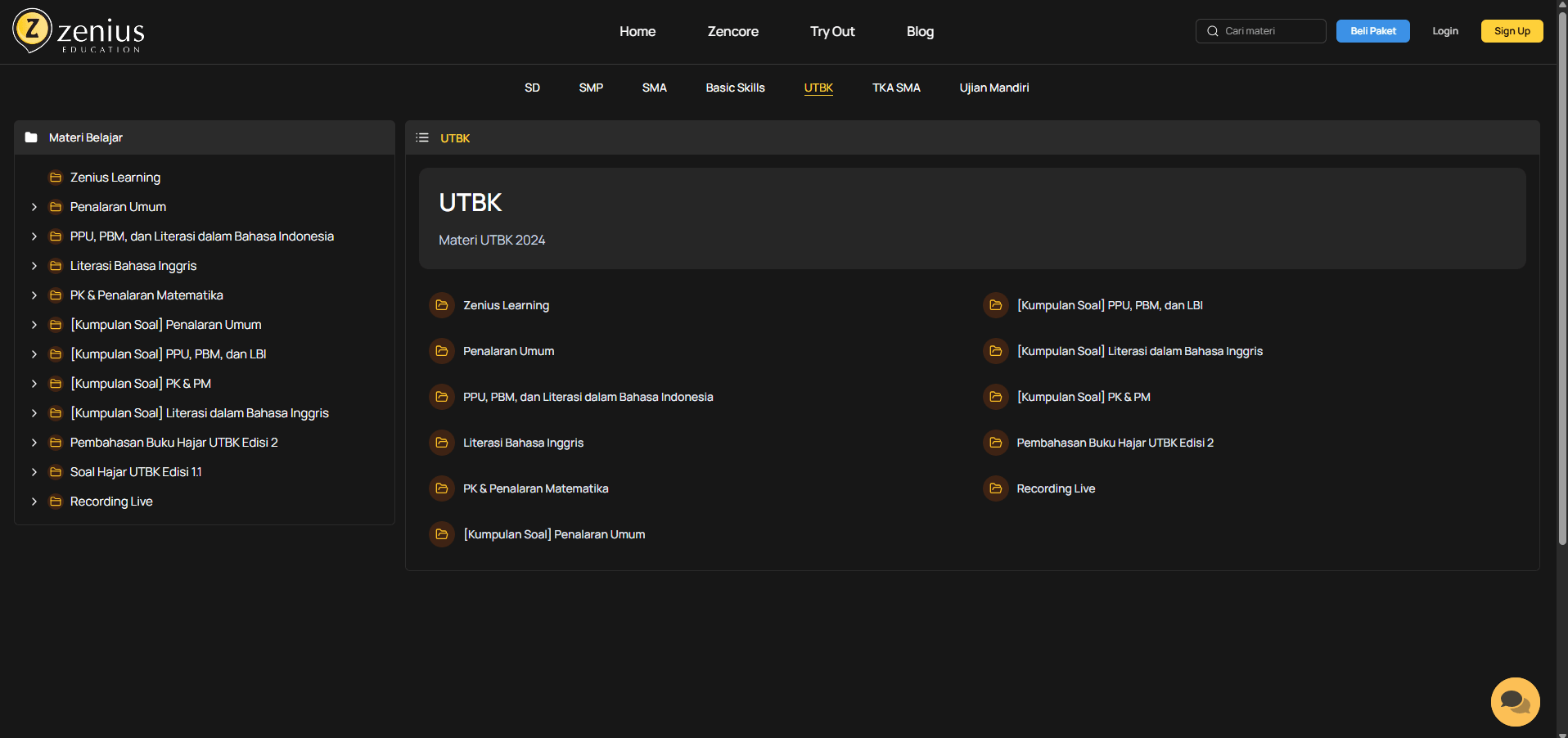 tampilan website untuk materi belajar UTBK SNBT di zenius