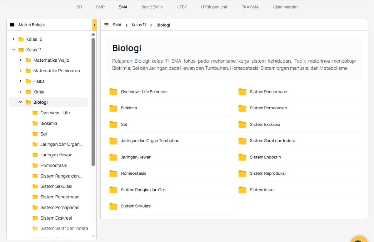 tampilan platform belajar biologi kelas 11 di zenius