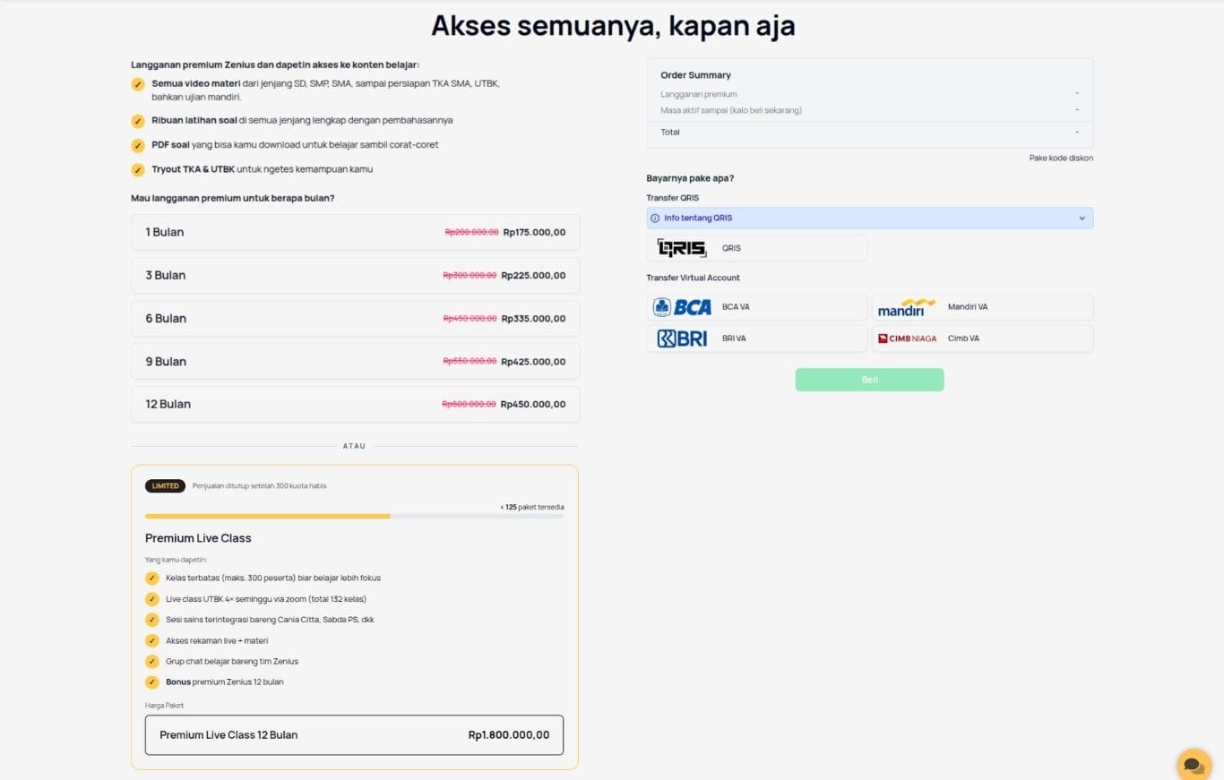tampilan halaman langganan buat beli paket Zenius
