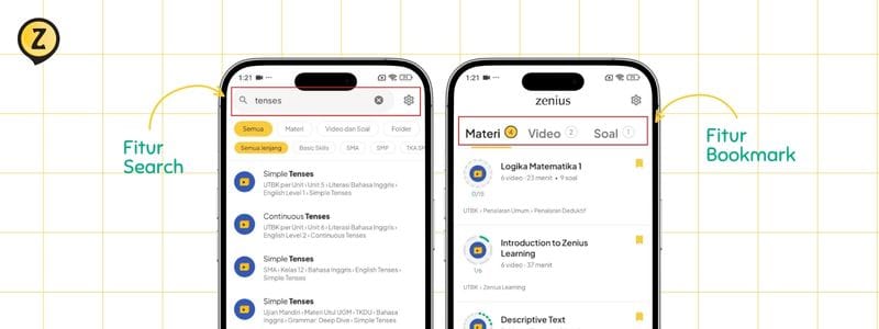 tampilan fitur search dan fitur bookmark zenius