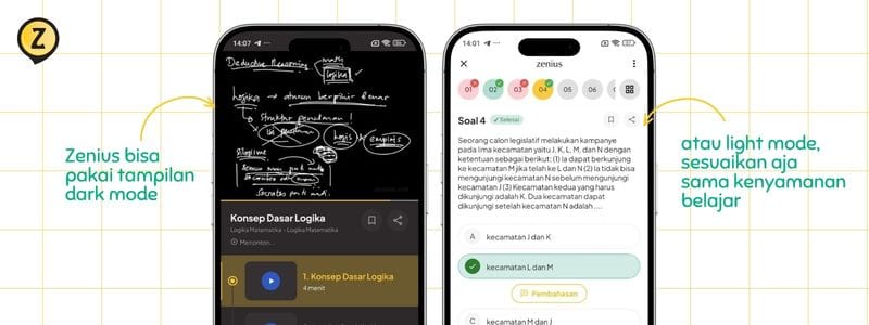 tampilan dark mode dan light mode Zenius